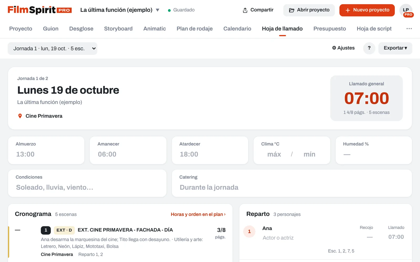 Hoja de llamado de una jornada con horarios, reparto y equipo